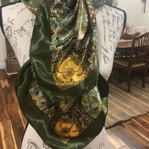 Lrg square (35 in) beautiful satin scarf/hair scarf in shades of green & gold